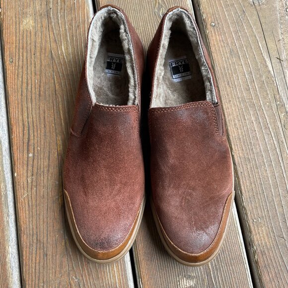 EUC Frye Shearling Suede Cognac Brown Cozy Slip-ons in Women's 9.5M - Picture 1 of 13